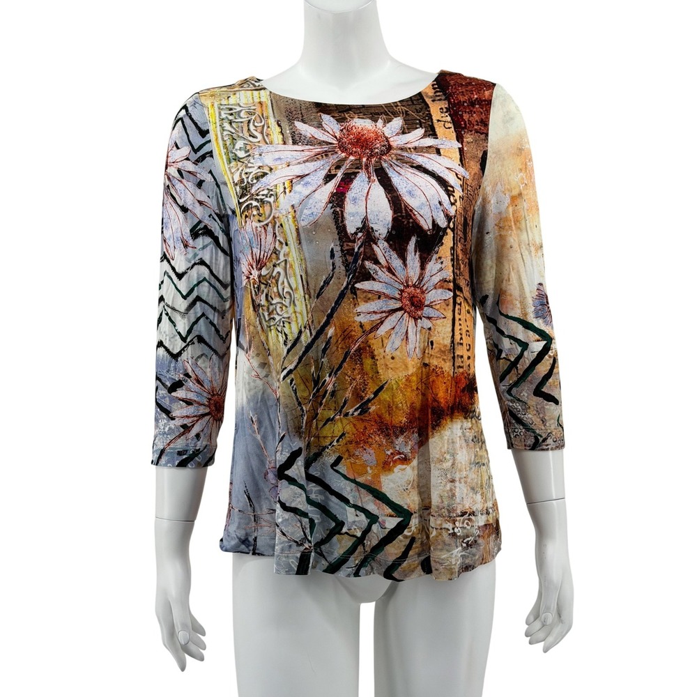 Ali Miles Top Womens Petite Small Tan Floral‎ Embellished Boho Graphic Artsy